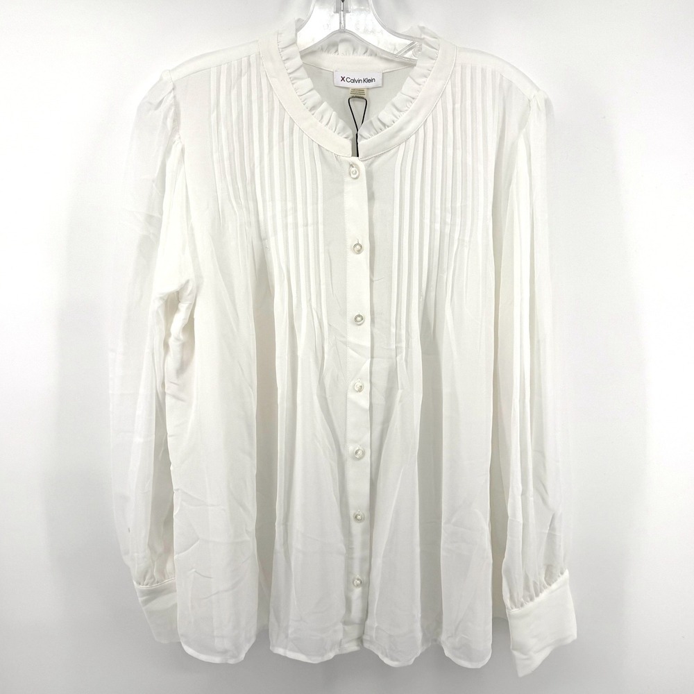Calvin Klein Blouse Womens XL White Pleated Ruffle Neck Button Down Long Sleeve